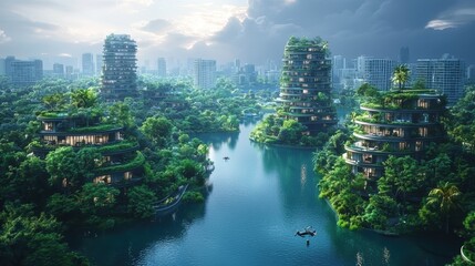 Naklejka premium A futuristic cityscape with green architecture and waterways.