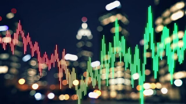 Finance analysis concept with stock market charts showing increasing and decreasing trends over a blurred cityscape background at night, in slow motion