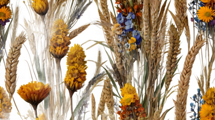 A vibrant AI-generated floral bouquet combining dried flowers, wheat stalks, and fresh blooms in a harmonious arrangement, with intricate decorative botanical patterns and a transparent background.


