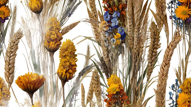 A vibrant AI-generated floral bouquet combining dried flowers, wheat stalks, and fresh blooms in a harmonious arrangement, with intricate decorative botanical patterns and a transparent background.

