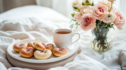 A Mother&rsquo;s Day breakfast-in-bed setting, with heart-shaped mini bagels, a cup of herbal tea, and a vase of fresh roses