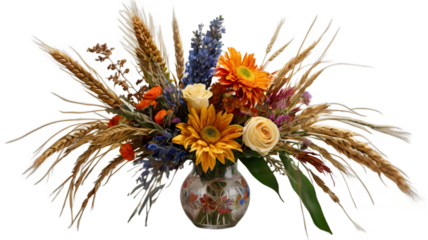 A vibrant AI-generated floral bouquet combining dried flowers, wheat stalks, and fresh blooms in a harmonious arrangement, with intricate decorative botanical patterns and a transparent background.

