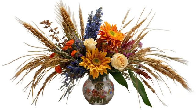 A vibrant AI-generated floral bouquet combining dried flowers, wheat stalks, and fresh blooms in a harmonious arrangement, with intricate decorative botanical patterns and a transparent background.

