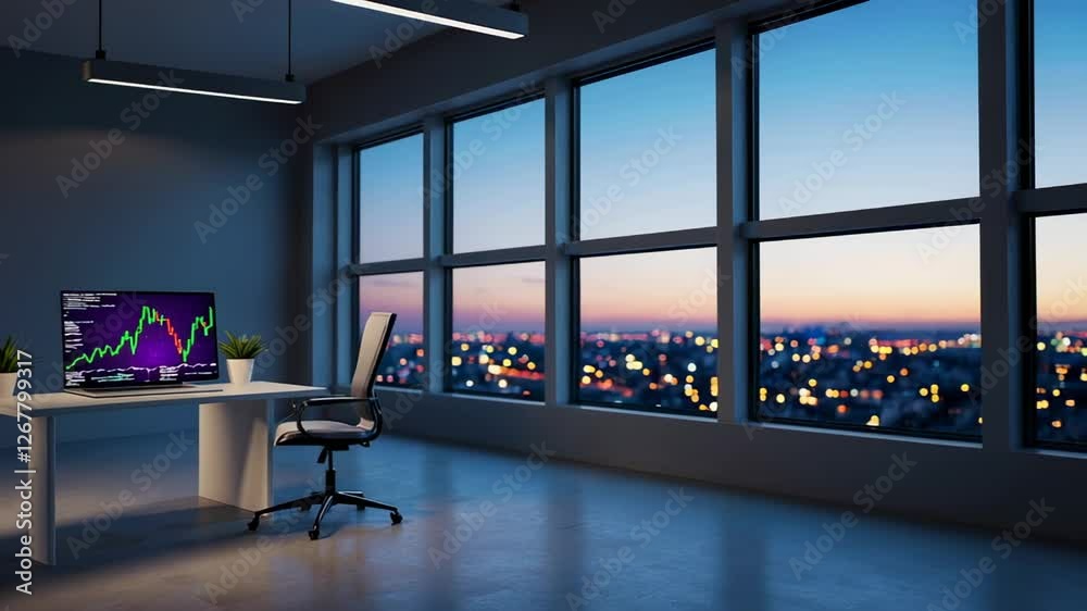 Poster empty modern office space with large windows overlooking a cityscape at sunset, featuring a computer
