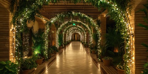 Fototapeta premium Enchanted Pathway: A Nighttime Stroll Through a Luminous Garden Archway