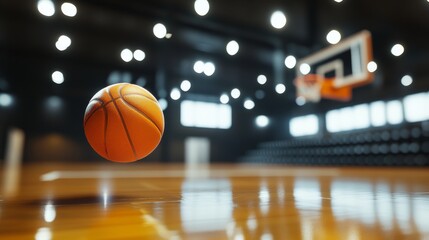 Obraz premium Detailed close-up of a professional basketball hoop with an orange ball mid-air, set in a modern indoor court