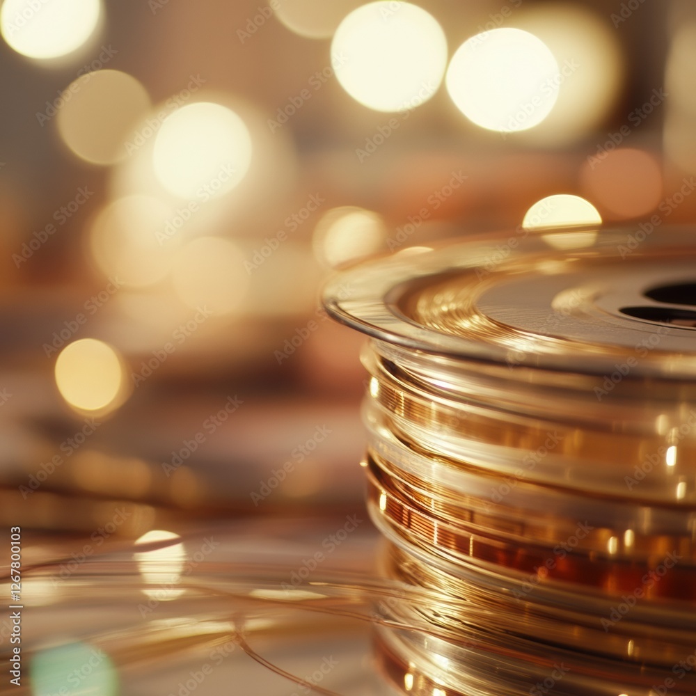 Poster Close up view of vintage film reels and tape showcasing a nostalgic atmosphere with glimmering details and blurred lights. Generative AI