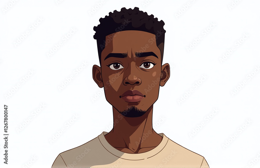 Poster young african man with a serious expression stands alone on a white background in a simple yet strik