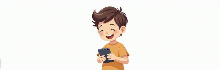 Young Boy Smiling Happily As He Plays With His Smartphone On A Clean And Simple White Background. 00001