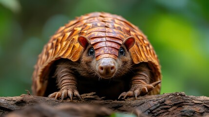 Fototapeta premium A stunning close-up photograph of an armadillo resting on a log, perfectly showcasing its unique shell, whiskers, and engaging expression in a vibrant outdoor setting.
