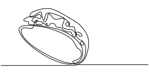 Continuous Line Drawing of Taco Icon. Hand Drawn Symbol Vector Illustration, Grilled beef taco one line continuous drawing. Traditional Mexican street fast food. Vector linear illustration, Mexican.