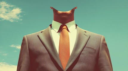 A surreal image of a headless businessman standing against a clear sky.