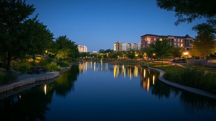 Fototapeta premium Serene Evening Cityscape by the Water - Tranquil twilight view of a city reflected in a calm lake, buildings illuminated, trees lining the shore