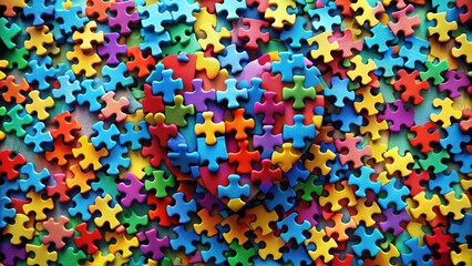 Obraz premium A vibrant and chaotic arrangement of colorful puzzle pieces, forming a heart-shaped pattern in the center, representing unity and interconnectedness