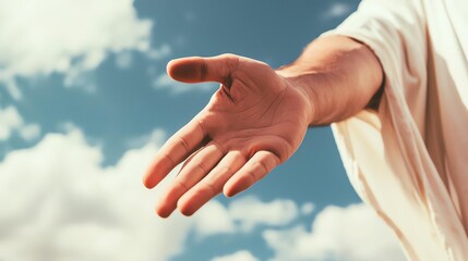 A welcoming hand reaching out to the sky conveys peace and connection.
