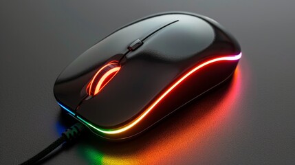 PC gaming mouse on glossy black surface. neon studio lighting, product photography.