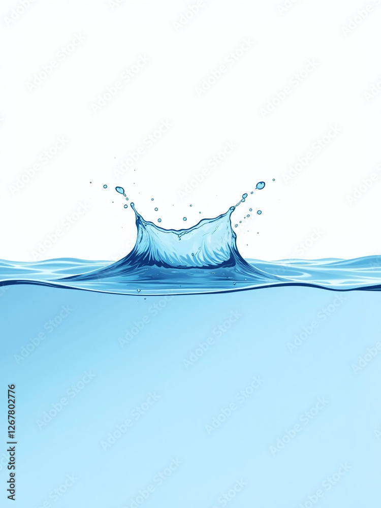 Poster a calm blue water scene features a gentle splash and wave pattern with individual droplets against a