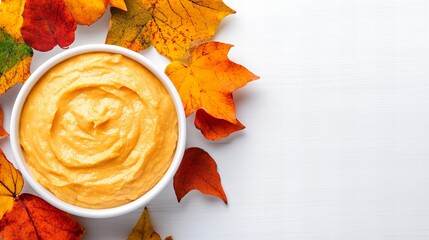 Creamy pumpkin puree in a white bowl, surrounded by autumn leaves. Warm, inviting colors for fall recipes.