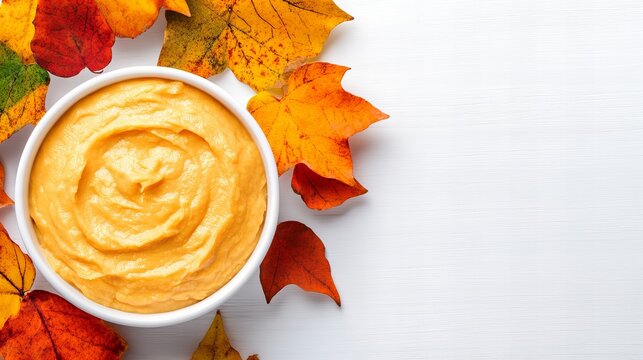 Creamy pumpkin puree in a white bowl, surrounded by autumn leaves. Warm, inviting colors for fall recipes.
