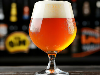 Amber Ale in Snifter Glass: A tempting amber ale fills a snifter glass, its foamy head crowning the rich, reddish-orange liquid. The blurred background hints at a lively pub atmosphere.