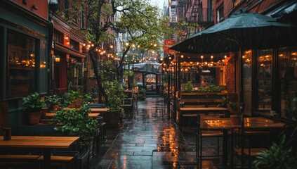 Fototapeta premium Rainy Night in a Cozy Alleyway: A Charming New York City Street Scene