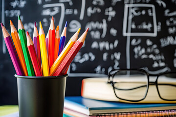 A collection of colored pencils in a cup with books and glasses, set against a chalkboard.