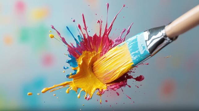 A brush dipped in vibrant yellow paint creates a dramatic explosion of color, symbolizing explosive creativity and the joy of artistic expression in motion.