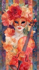 Artistic violinist in a colorful floral masquerade environment