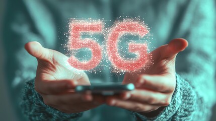 Person holding smartphone with sparkling 5G symbol indicating advanced connectivity.