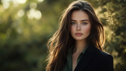 Naklejka premium Portrait of a Beautiful Young Woman with Long Brown Hair in a Natural Setting