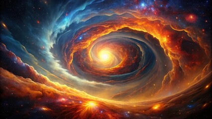 A swirling vortex of celestial energy and vibrant colors creates a cosmic spectacle, an ethereal dance of light and darkness in the vast expanse of space.
