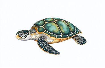 Obraz premium A Delicate Illustration Of A Hawksbill Turtle Is Depicted In Vivid Watercolors Against A Crisp White Background. 00002