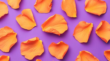 Naklejka premium Vibrant orange rose petals scattered over a purple background, perfect for floral themes.