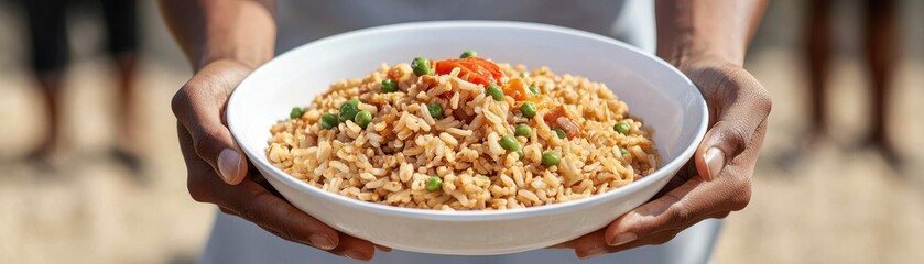 A person holds a large bowl of flavorful rice dish garnished with vegetables, showcasing a vibrant meal in a communal setting.