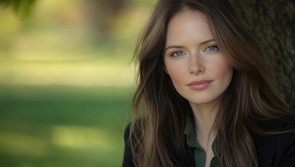 Portrait of a Young Woman with Long Brown Hair, Serene Expression, in a Green Natural Setting
