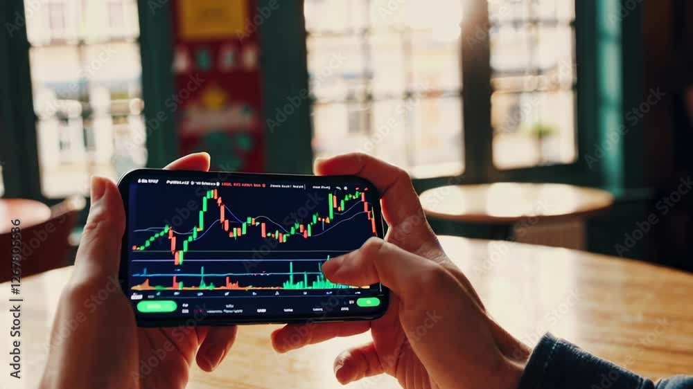 Poster businessman analyzing stock market data on smartphone screen, checking candlestick charts and indica