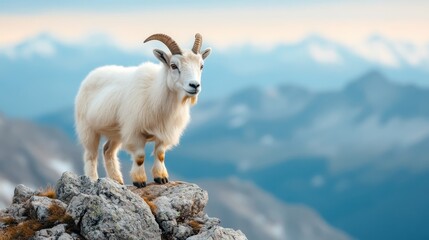 Obraz premium A graceful goat perches confidently on a rocky pinnacle, framed by scientifically stunning scenery, symbolizing strength, exploration, and the beauty of untamed nature.