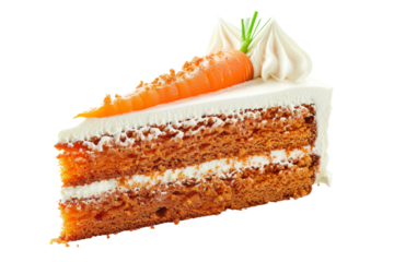 Classic carrot cake with smooth cream cheese icing and a sprinkle of chopped nuts isolated on transparent background