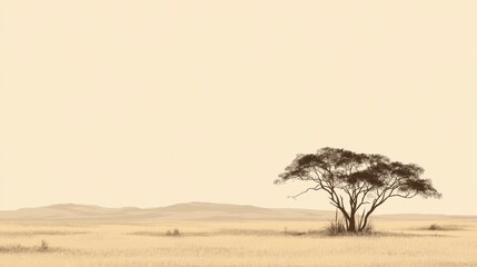 Desolate African Savanna Tree, Peaceful Landscape, Stock Photo