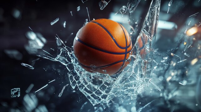 Basketball breaking through a glass backboard with shards flying, frozen mid-air to capture an intense and energetic scene
