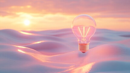 A glowing light bulb stands in soft, pastel waves, illuminated by a warm sunset, symbolizing creativity and new ideas.