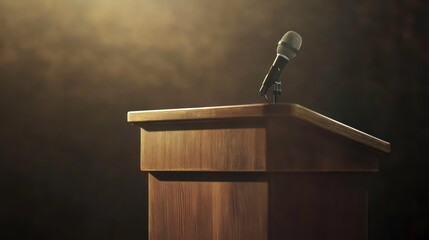 Empty podium for speech in dark room, suitable for presentation, conference, or webinar