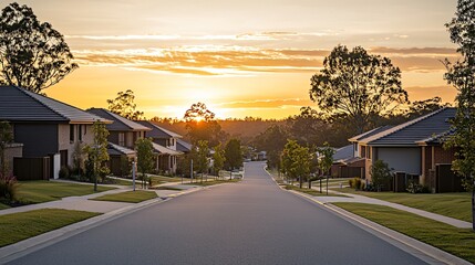 Suburban street sunset, homes, trees, peaceful evening, real estate