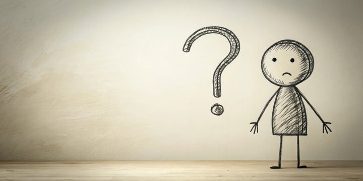 A Simple Stick Figure Drawing of a Person Pondering a Large Question Mark on a Light Beige Wall