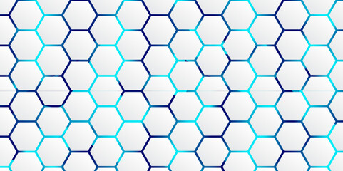 Abstract Hexagon white background. blue light and shadow. Abstract background design with white hexagon and blue light. Abstract. Hexagon. Vector.	