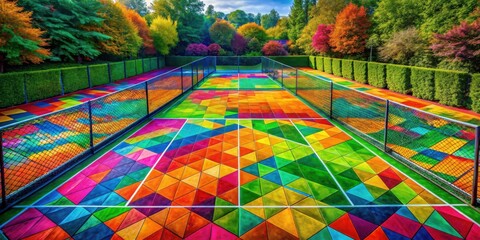 Fototapeta premium A Colorful Tennis Court Surrounded by Lush Greenery, with a Geometric Pattern of Triangles and Squares Forming a Vibrant Mosaic
