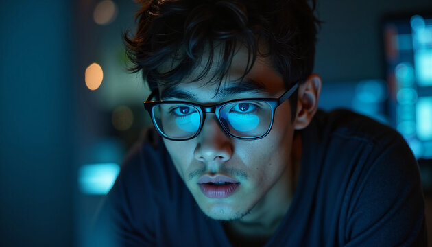 Young man focused on computer screen in dimly lit room, geek