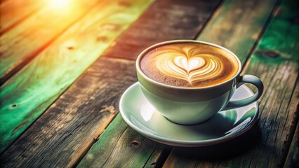 A heart-shaped latte art design in a white cup sits atop a rustic wooden table with sunbeams illuminating the scene.