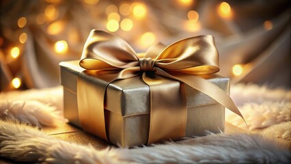 A golden gift box adorned with a satin ribbon sits on a soft white fuzzy surface, illuminated by a warm glow of blurry lights.