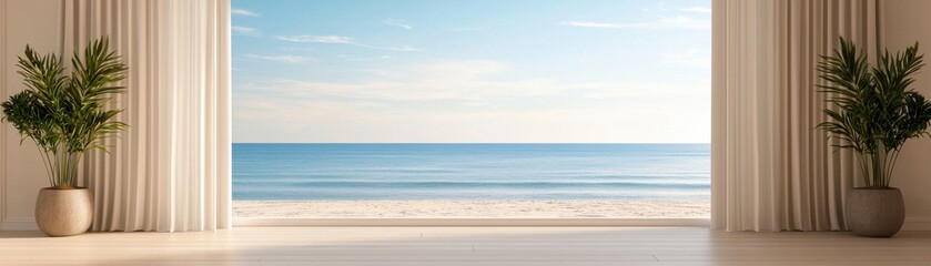 Serene beach view through open curtains and decorative plants.